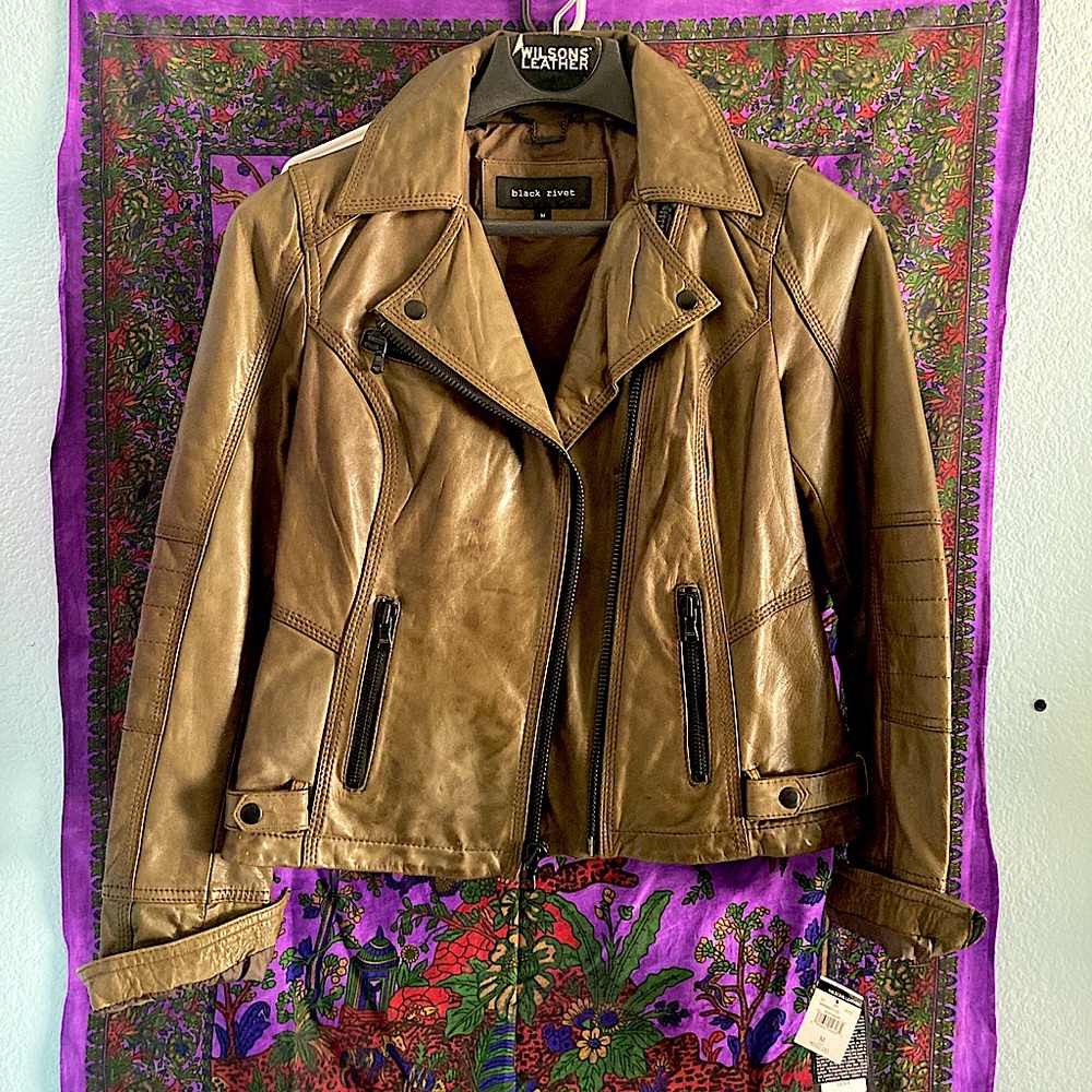 Wilson’s Leather Black Rivet Genuine Leather Moto Jacket Olive Green NWT